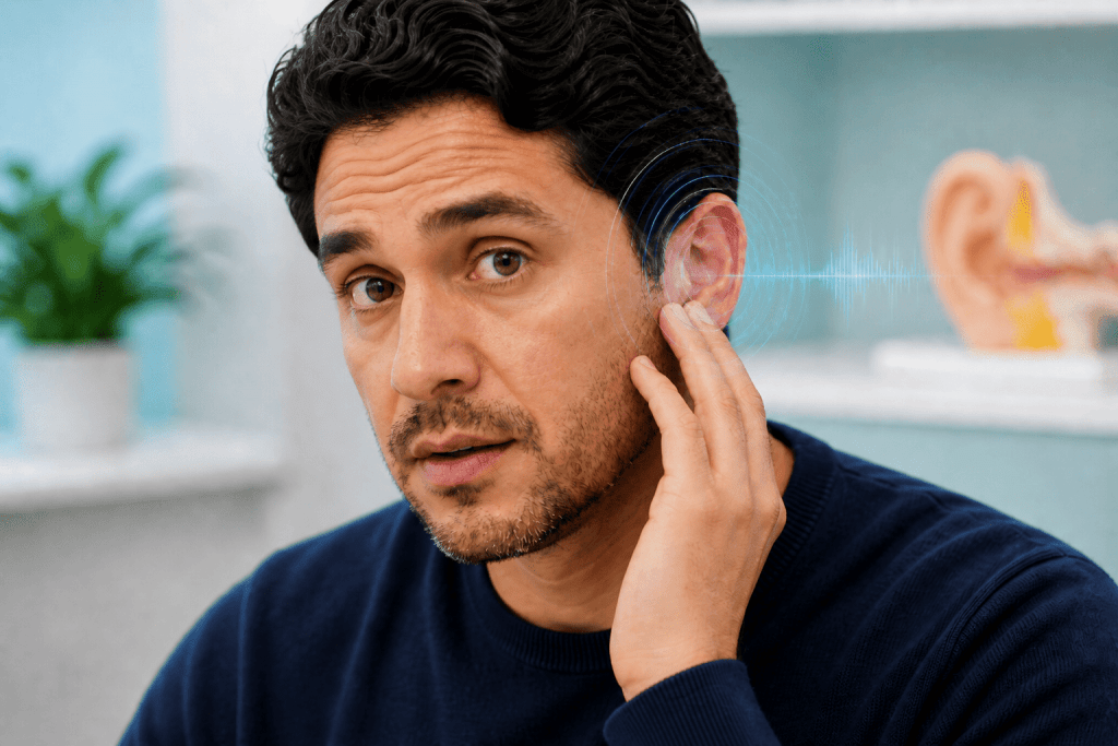 Persona experimentando zumbido en el oído por tinnitus